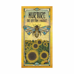  A stylized painting of a bee with blue-tinted wings hovering above a field of sunflowers. Decorative art nouveau details frame the text “Nurture the Rhythm of Nature” in warm golden tones. It has a canvas texture.