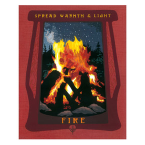  An art print with a thick terracotta-red border. A dark burgundy, wood-grained frame surrounds a large campfire at night. The fire has bright yellow and orange flames and white smoke rising toward a dark sky filled with white stars. The words 'SPREAD WARMTH & LIGHT' are written in gold at the top of the frame, and the word 'FIRE' is at the bottom. It has a canvas texture.