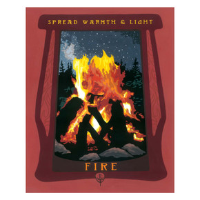  An art print with a thick terracotta-red border. A dark burgundy, wood-grained frame surrounds a large campfire at night. The fire has bright yellow and orange flames and white smoke rising toward a dark sky filled with white stars. The words 'SPREAD WARMTH & LIGHT' are written in gold at the top of the frame, and the word 'FIRE' is at the bottom. 