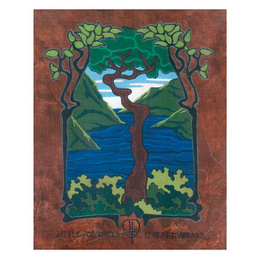  A vertical art print with a wide copper-brown border. A central rectangular scene shows a blue lake and green mountains viewed through a frame of dark, branching trees with green leaves. At the bottom, the words 'LITTLE JOURNEYS' and 'ELBERT HUBBARD' are written in black, flanking a central Roycroft-inspired 'JL' artist logo. It has a canvas texture.