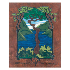  A vertical art print with a wide copper-brown border. A central rectangular scene shows a blue lake and green mountains viewed through a frame of dark, branching trees with green leaves. At the bottom, the words 'LITTLE JOURNEYS' and 'ELBERT HUBBARD' are written in black, flanking a central Roycroft-inspired 'JL' artist logo. 
