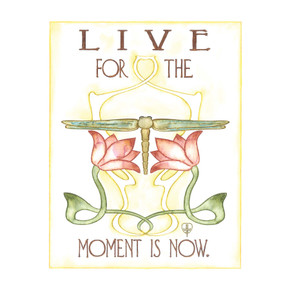  A garden-themed art print featuring a symmetrical botanical illustration with a central dragonfly and pink lotus flowers. The design is set against a soft, buttery-yellow background and is framed by an inspirational quote in a tall, stylized font. It reads 