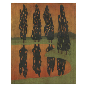 A rectangular art print showing four tall, thin black trees with gaps in their canopies. They stand on a green bank under an orange sky, and their dark shapes are mirrored in the orange-tinted water in the foreground. It has a wood grain texture.