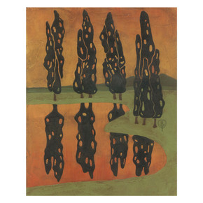  A rectangular art print showing four tall, thin black trees with gaps in their canopies. They stand on a green bank under an orange sky, and their dark shapes are mirrored in the orange-tinted water in the foreground.