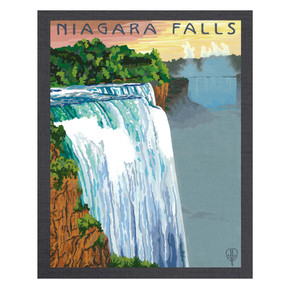  A vertical art print with a wide charcoal border. A massive white and blue waterfall pours from the left foreground into a misty basin. On the right, another section of the falls is visible in the distance. The sky at the top is a soft pink and yellow, with the words 'NIAGARA FALLS' written in a tall, dark blue font. It has a canvas texture.