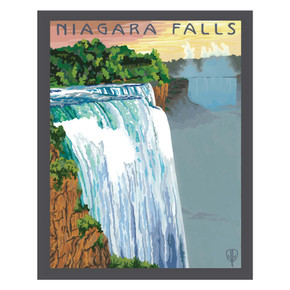  A vertical art print with a wide charcoal border. A massive white and blue waterfall pours from the left foreground into a misty basin. On the right, another section of the falls is visible in the distance. The sky at the top is a soft pink and yellow, with the words 'NIAGARA FALLS' written in a tall, dark blue font.