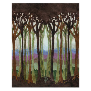  A vertical art print of several tall, thin tree trunks in brown and charcoal rising into a single, dense canopy. Behind the trees, layered hills in shades of green, purple, and light blue recede toward a pale sky. It's on a canvas texture.
