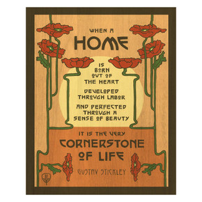  A rectangular art print with a yellow background. At the top and bottom are clusters of vibrant red poppies with long, thin green stems that frame a central quote by Gustav Stickley. The text reads: 