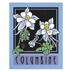  An art print featuring two white and light-blue Columbine flowers with yellow centers, set against a solid black background. The illustration is designed in an Arts & Crafts or Mission style, framed by a thick black and purple border with a light-blue outer margin. It has a canvas texture.
