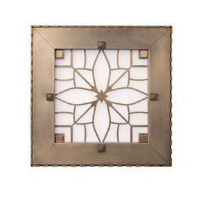  Overhead view of a square can or recessed light cover with a dental pattern and filigree in a nickel finish.