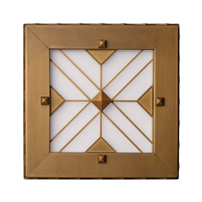  Three-quarters view of a square can or recessed light cover with a stepped pyramid pattern and filigree in an antique brass finish.