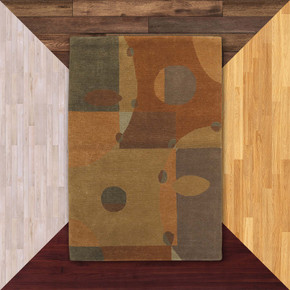  Rectangular Mid-Century Modern area rug with an abstract geometric pattern in earthy tones of brown, green, and rust, featuring circles and elliptical shapes surrounded by flooring color samples.
