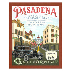  A painting by Julie Leidel in the style of a vintage travel poster of Pasadena's Colorado Boulevard featuring a 1930s automobile, Spanish Revival architecture, and Pasadena City Hall dome, commemorating 150 years of Colorado Boulevard and 100 years of Route 66. It has a canvas texture.