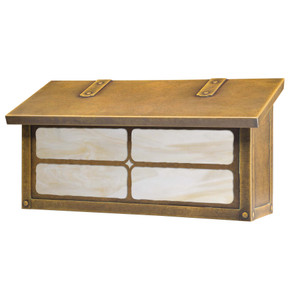  A solid brass, cottage or storybook style horizontal mailbox with a rustic window cross pattern, aged finish and off white glass.