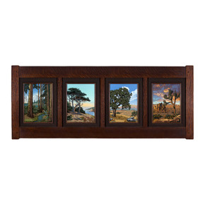  A four-panel framed art piece depicting diverse California landscapes set in a mortise & tenon style frame with bark liner.