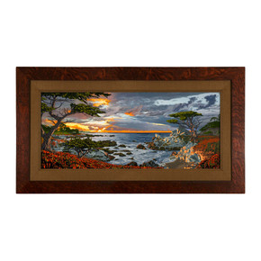   Framed art piece depicting Monterey Shore landscape set in a wood frame with seaweed liner.