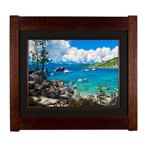  Framed art piece depicting Tahoe landscape set in a mortise & tenon frame with coal liner.