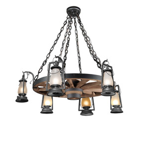  A wagon wheel chandelier made with six rustic reproductions of a 19th-century, Dietz hot blast, hooked arm lanterns. The lanterns feature a satin black powder coat finish and frosted shades.