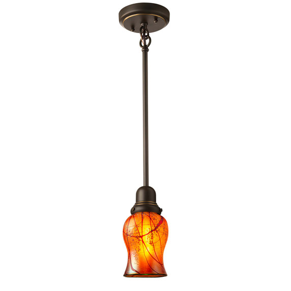  A reproduction Craftsman style bungalow pendant light fixture on a stem. It has an oil-rubbed bronze finish and an illuminated tulip shaped, blown glass shade with a cherry blossom pattern. 