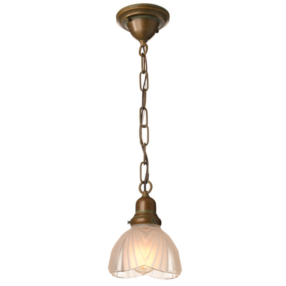  A traditional, Victorian transitional Craftsman style chain mounted pendant light fixture with a patina finish and an Art Deco shade.