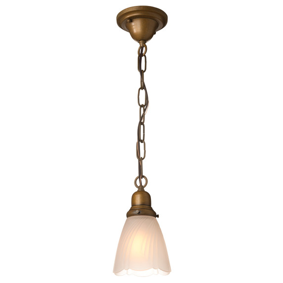  A traditional, Victorian transitional Craftsman style chain mounted pendant light fixture with an aged finish and an Art Deco shade.