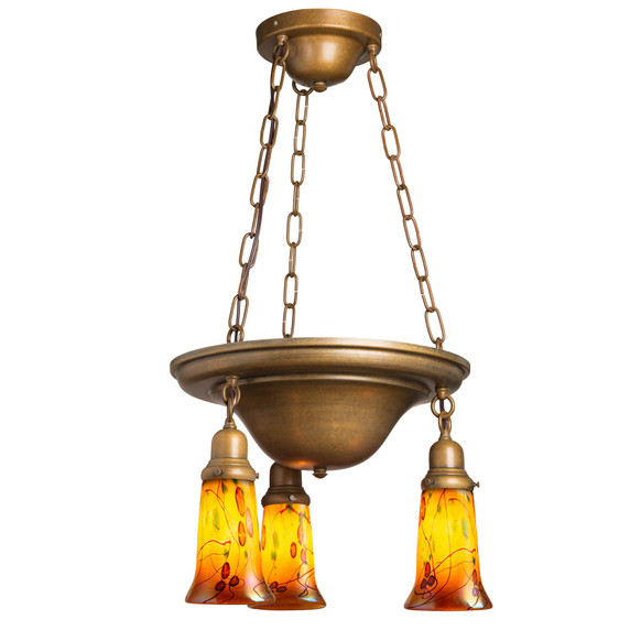  A traditional, Victorian transitional Craftsman style chandelier with an aged finish and three lanterns. The lanterns have illuminated, trumpet shaped blown glass shades with a poppy design.
