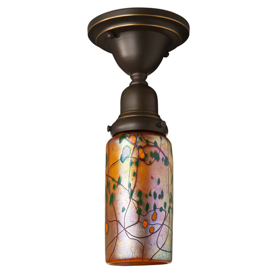  A traditional, Victorian transitional Craftsman style ceiling light fixture with an oil rubbed bronze finish and a blown glass shade featuring a poppy design.