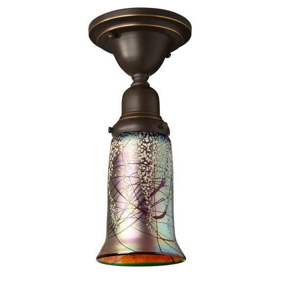  A traditional, Victorian transitional Craftsman style ceiling light fixture with an oil rubbed bronze finish and a trumpet shaped, blown glass shade featuring a cherry blossom design.