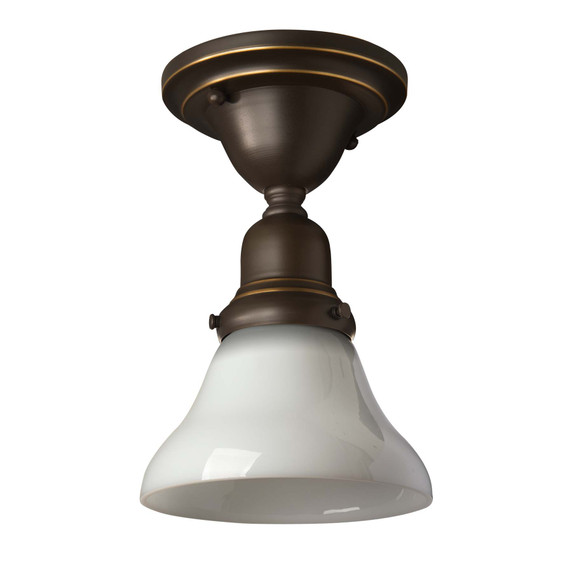  A traditional, Victorian transitional Craftsman style ceiling light fixture with an oil rubbed bronze finish and a white bell glass shade.
