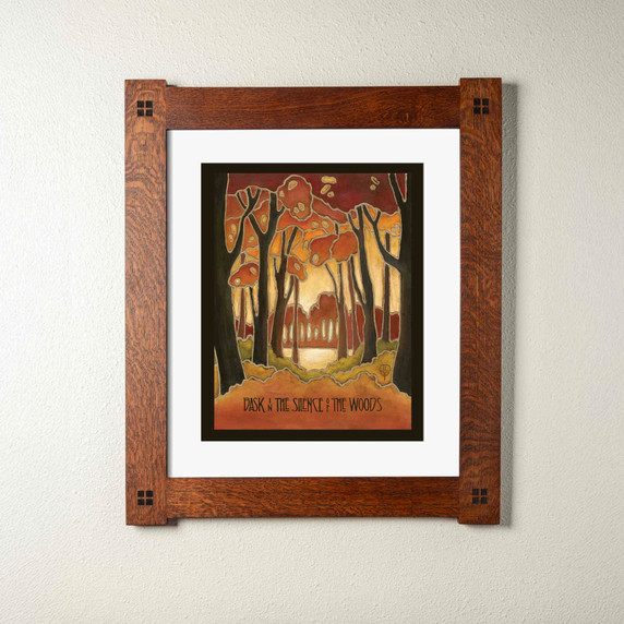  Arts & Crafts style print by Julie Leidel titled 'Bask in the Silence of the Woods' featuring stylized autumn forest scene with silhouetted trees, rich orange and red foliage, and distinctive stained glass-like outlines in warm earth tones. It shows a double mat in black and white.