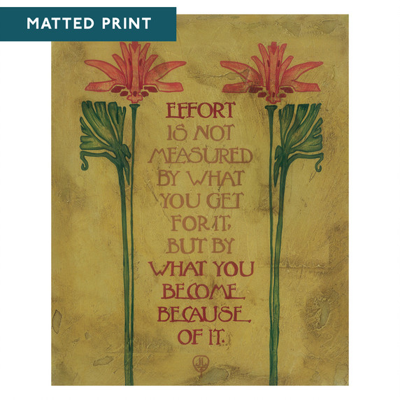  Arts & Crafts style inspirational print by Julie Leidel featuring stylized floral motifs with red blooms and green stems framing an Arts & Crafts typography quote reading 