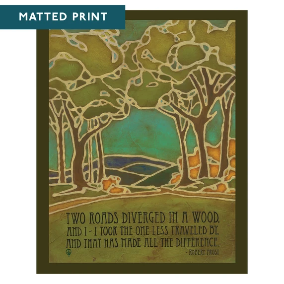  Arts & Crafts style print by Julie Leidel featuring stylized forest landscape with stained glass-like outlines depicting two diverging paths through trees, in shades of green, turquoise, and amber. It is labeled 
