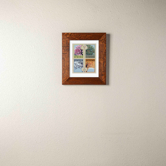  Arts & Crafts style seasonal print by Julie Leidel featuring four tree panels representing the cycle of seasons. The artwork displays 