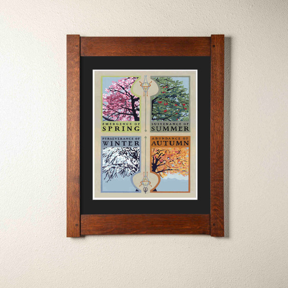  Arts & Crafts style seasonal print by Julie Leidel featuring four tree panels representing the cycle of seasons. The artwork displays 