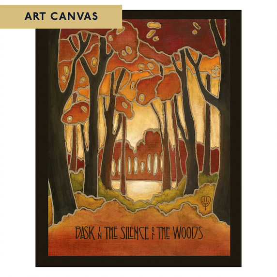  Arts & Crafts style canvas print by Julie Leidel titled 'Bask in the Silence of the Woods' featuring stylized autumn forest scene with silhouetted trees, rich orange and red foliage, and distinctive stained glass-like outlines in warm earth tones.