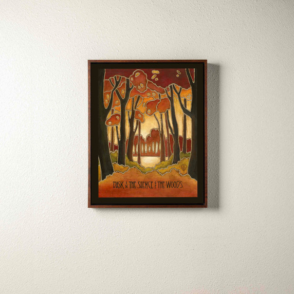  Arts & Crafts style canvas print by Julie Leidel titled 'Bask in the Silence of the Woods' featuring stylized autumn forest scene with silhouetted trees, rich orange and red foliage, and distinctive stained glass-like outlines in warm earth tones.