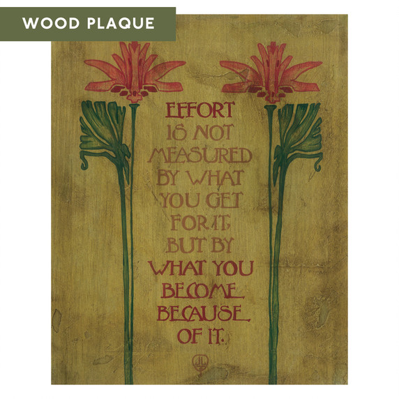  Arts & Crafts style inspirational wood plaque by Julie Leidel featuring stylized floral motifs with red blooms and green stems framing an Arts & Crafts typography quote reading 