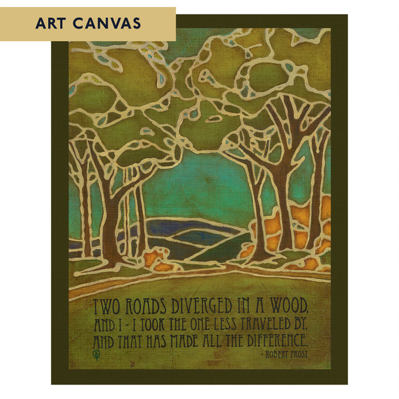  Arts & Crafts style canvas print by Julie Leidel featuring stylized forest landscape with stained glass-like outlines depicting two diverging paths through trees, in shades of green, turquoise, and amber. The artwork includes Robert Frost's famous quote 