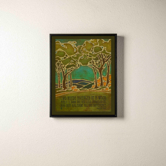 Arts & Crafts style print by Julie Leidel featuring stylized forest landscape with stained glass-like outlines depicting two diverging paths through trees, in shades of green, turquoise, and amber. The artwork includes Robert Frost's famous quote 
