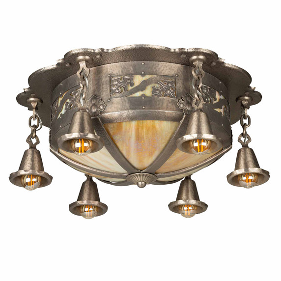  Spanish Revival ceiling fixture with hand-hammered pewter construction featuring ornate scrollwork and six chain-hung bell shades with Edison bulbs. Arts & Crafts lighting showcasing iridescent glass panels and period-appropriate metalwork detailing.