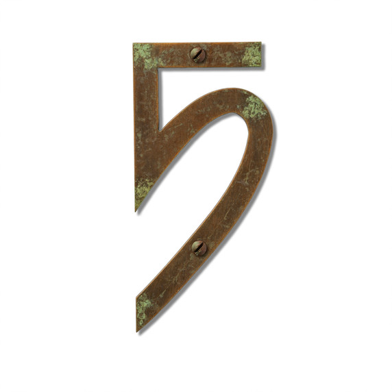 Craftsman house number 5 in West Coast font inspired by Greene & Greene with weathered finish.