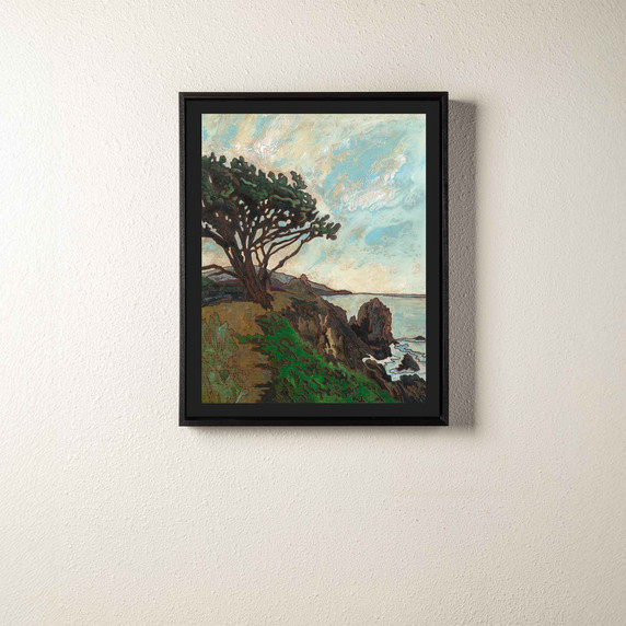  Arts & Crafts style art print by Julie Leidel featuring a Monterey, California coastline with the iconic Monterey Cypress tree created in thick, textured lines. It floats in a black wood frame.