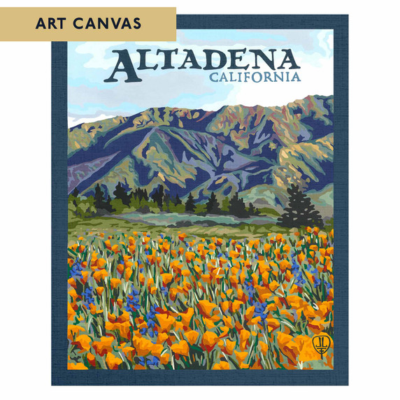  An art print on canvas of a landscape in Altadena, California with mountains and poppies.