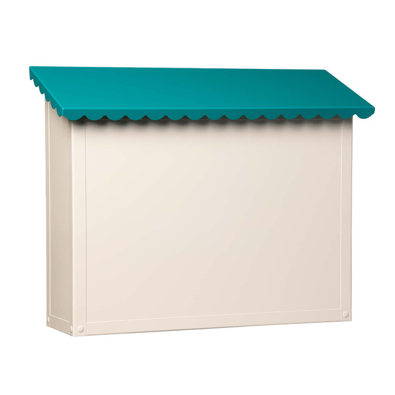  Angled view of a large bone white mailbox with a bright teal scalloped roof.