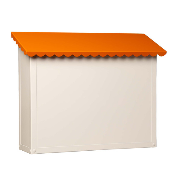  Angled view of a large bone white mailbox with a bright orange scalloped roof.