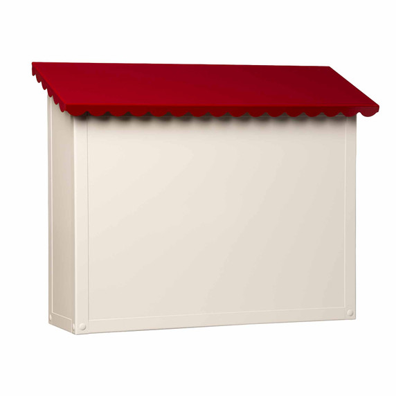  Angled view of a large bone white mailbox with a vibrant red scalloped roof.
