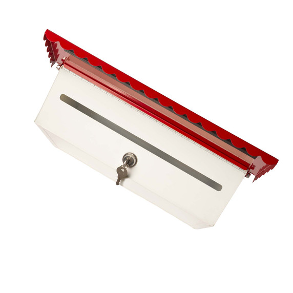  Top-down view of a vibrant red large mailbox with its scalloped lid open, revealing a locking door and key.