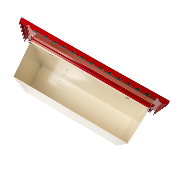  Top-down view of a vibrant red large mailbox with its scalloped lid open, revealing the inside of the mailbox.