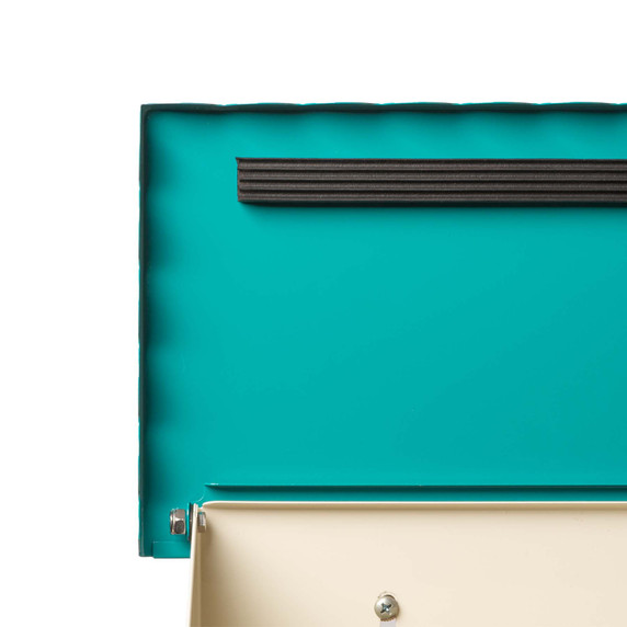  Glossy teal finish mailbox with the scalloped lid open showing a rubber strip for soft close feature.