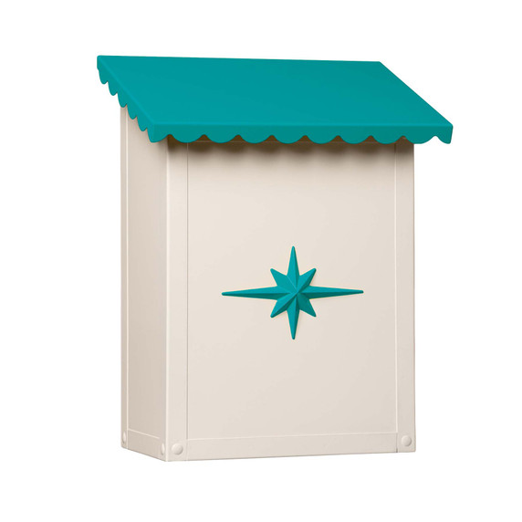  A glossy white and teal vertical mailbox with a scalloped roof and machined starburst design on the front panel.